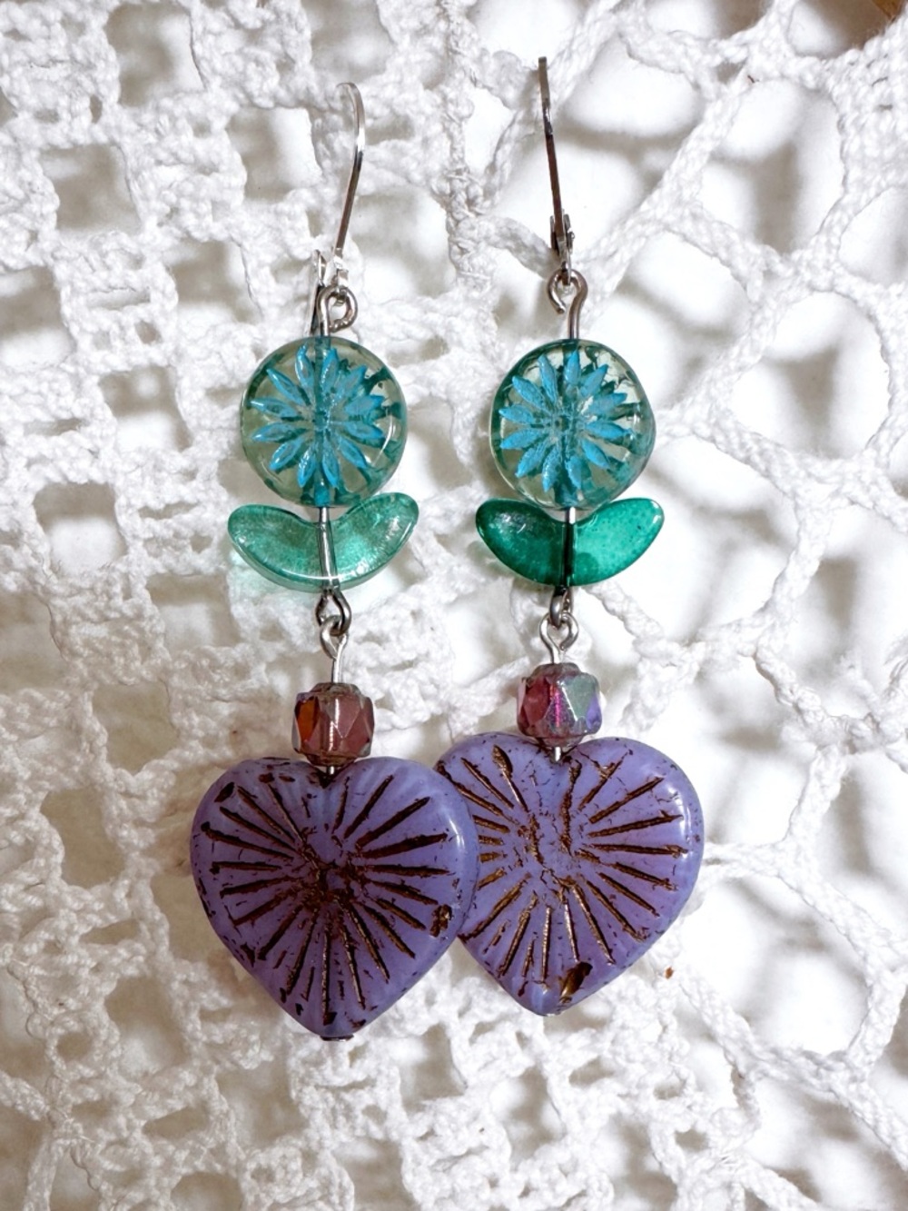 Purple Heart & Teal Flower Dangle Earrings - Handmade Jewelry